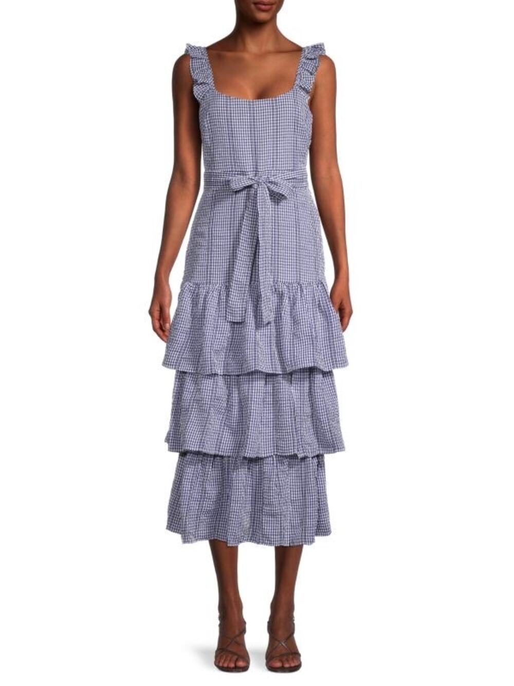 Likely Charlotte Navy Blue Gingham Tiered Tie Waist Ruffle Midi Dress Size 2